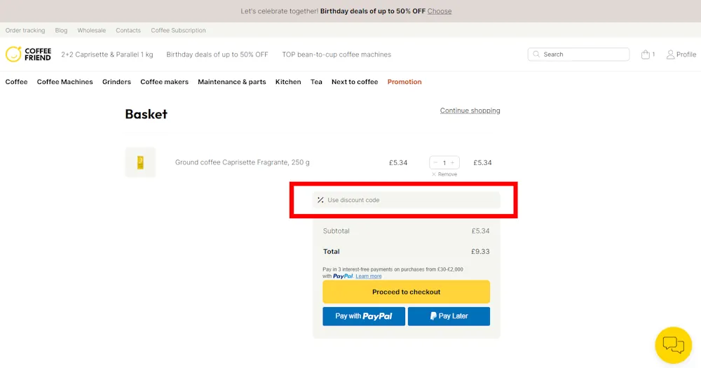 Screenshot for how to enter a Coffee Friend discount code on www.coffeefriend.co.uk