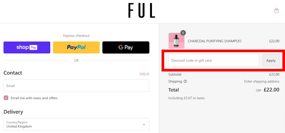 Screenshot showing where to apply a FUL promo code during checkout on fullondon.com.