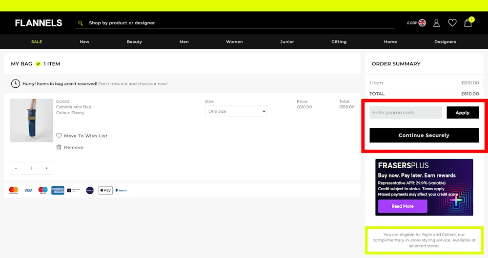 Screenshot showing where to apply a Flannels promo code during checkout on www.flannels.com.