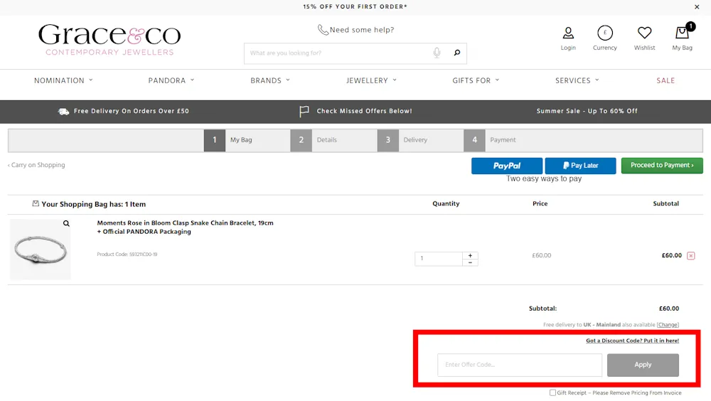Screenshot showing where to apply a Grace & Co promo code at checkout on www.graceandcojewellery.co.uk