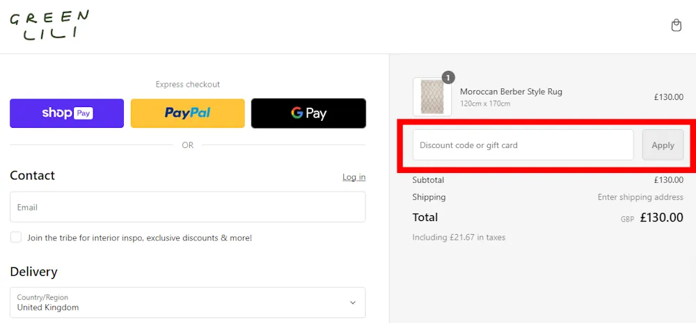 Screenshot showing where to apply a Green Lili discount code during checkout on www.greenlili.com.