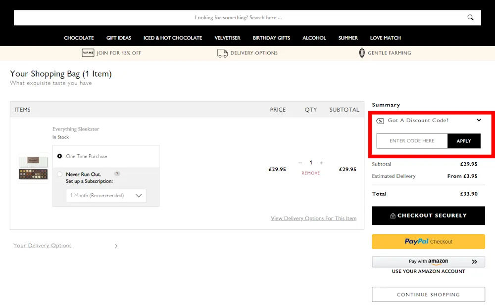 Screenshot showing where to apply a Hotel Chocolat discount code during checkout on www.hotelchocolat.com.