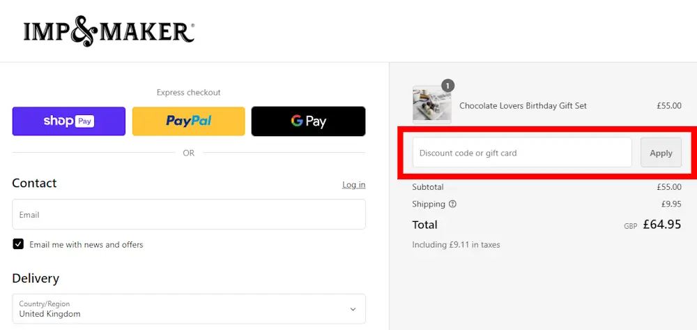 Instructions on how to use our IMP & MAKER voucher code at checkout.