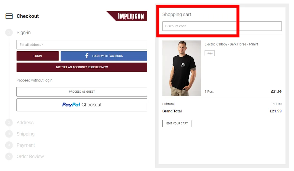 Screenshot showing where to apply a Impericon promo code during checkout on www.impericon.com.