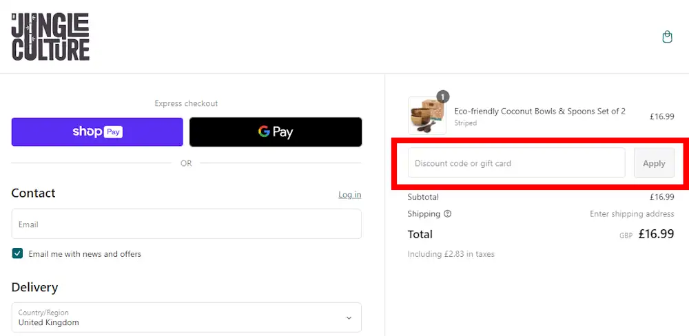 Screenshot showing where to apply a Jungle Culture code at checkout on jungleculture.eco