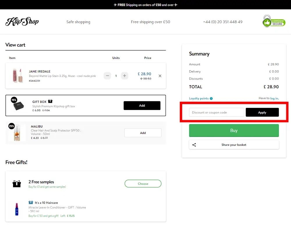 Screenshot showing where to apply a KlipShop promo code during checkout on www.klipshop.co.uk.