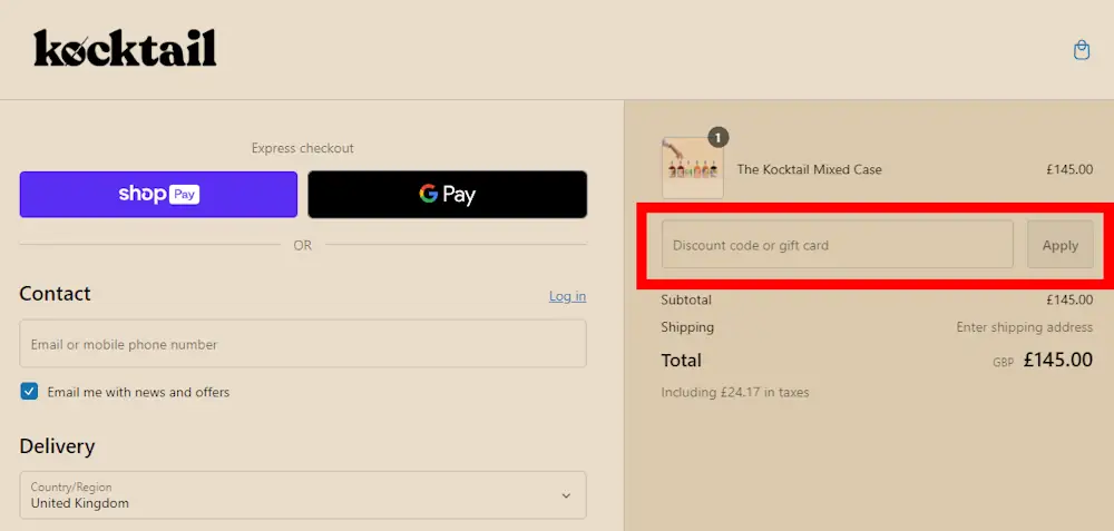 Screenshot showing where to apply a Kocktail promo code during checkout on www.kocktail.co.uk.
