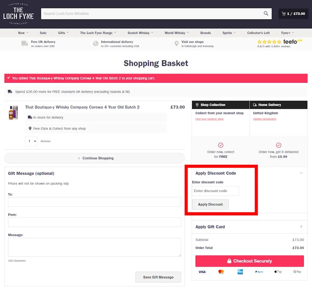 Screenshot of where to put a Loch Fyne Whiskies voucher code on www.lochfynewhiskies.com