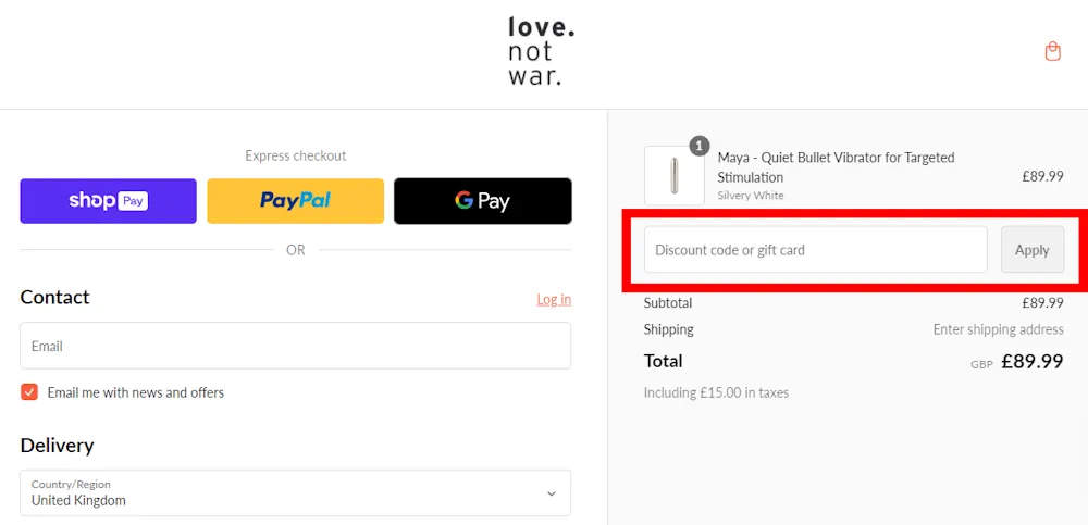 Screenshot showing where to apply a Love Not War promo code during checkout on www.l-n-w.com.