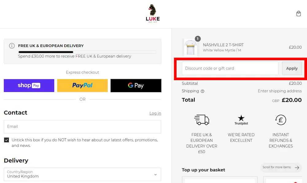 Screenshot showing where to apply a Luke 1977 promo code during checkout on www.luke1977.com.
