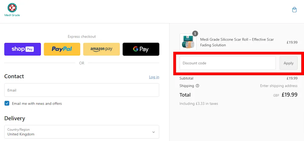 Screenshot of how to enter a Medi Grade voucher code on medigrade.store