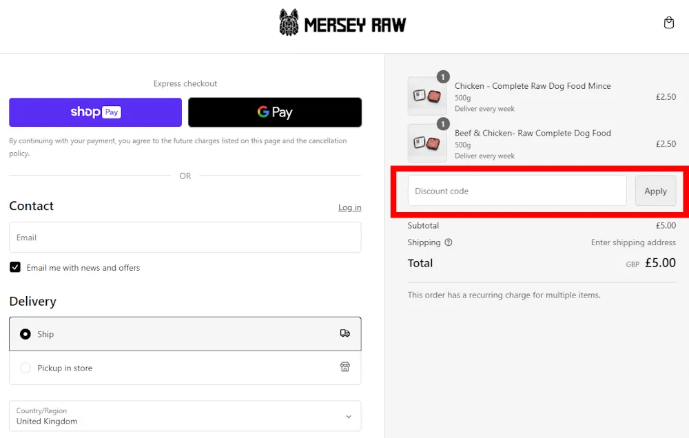 Screenshot showing where to apply a Mersey Raw Dog Food promo code during checkout on www.merseyraw.com.