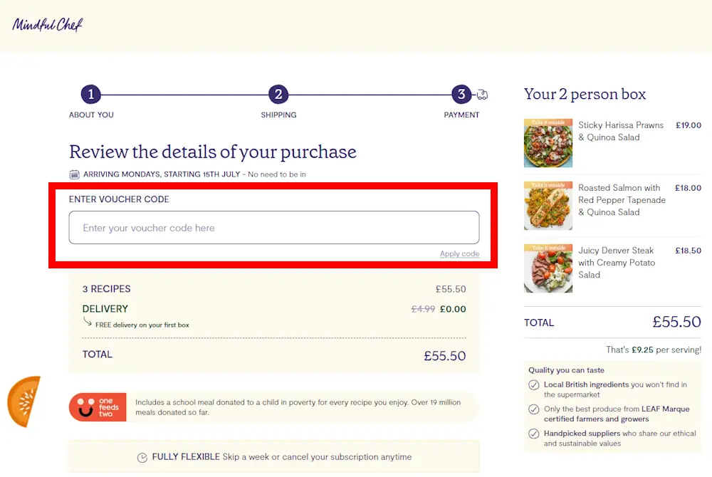Screenshot showing where to apply a Mindful Chef discount code during checkout on www.mindfulchef.com.