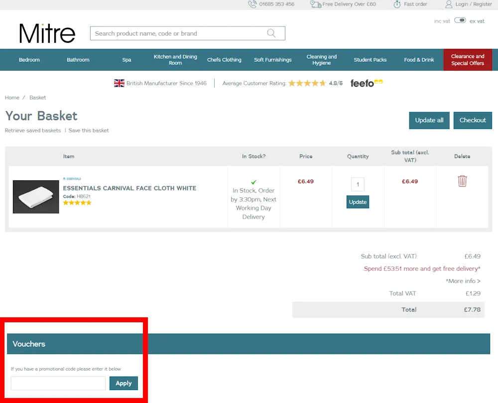 Screenshot showing where to apply a Mitre Linen promo code during checkout on www.mitrelinen.co.uk.