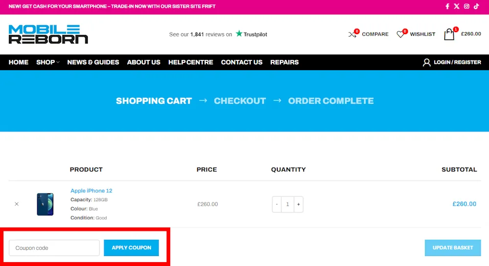 Screenshot showing where to apply a Mobile Reborn promo code during checkout on www.mobilereborn.co.uk.