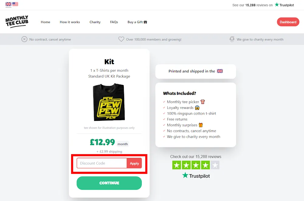 Screenshot showing where to apply a Monthly Tee Club discount code during checkout on monthlyteeclub.com.