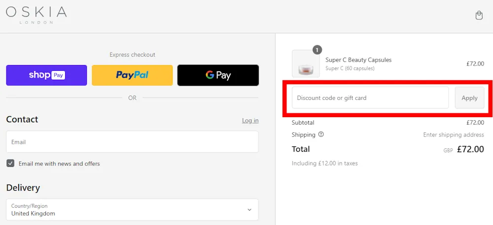 Screenshot of where to enter a OSKIA voucher code on www.oskiaskincare.com