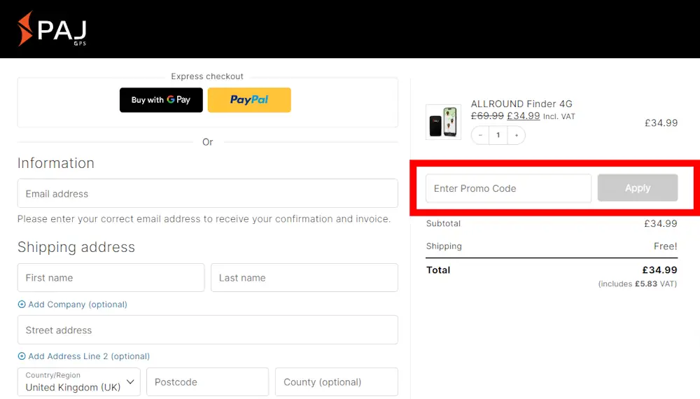 Screenshot showing where to apply a PAJ GPS discount code during checkout on www.paj-gps.co.uk.