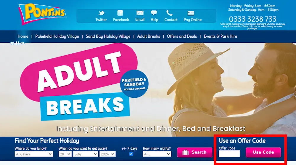 Screenshot showing where to apply a Pontins promo code during checkout on www.pontins.com.