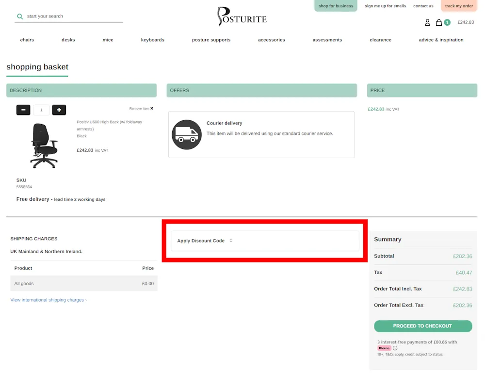 Screenshot showing where to apply a Posturite promo code during checkout on www.posturite.co.uk.