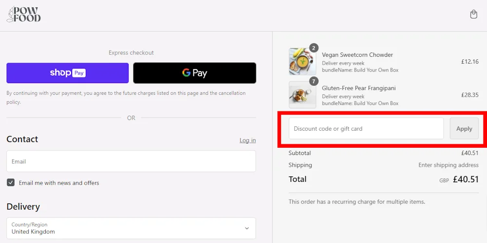 Screenshot of how to enter our Pow Food voucher code on powfood.co.uk