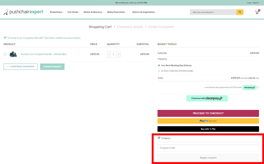 Screenshot showing where to apply a Pushchair Expert promo code during checkout on www.pushchairexpert.com.