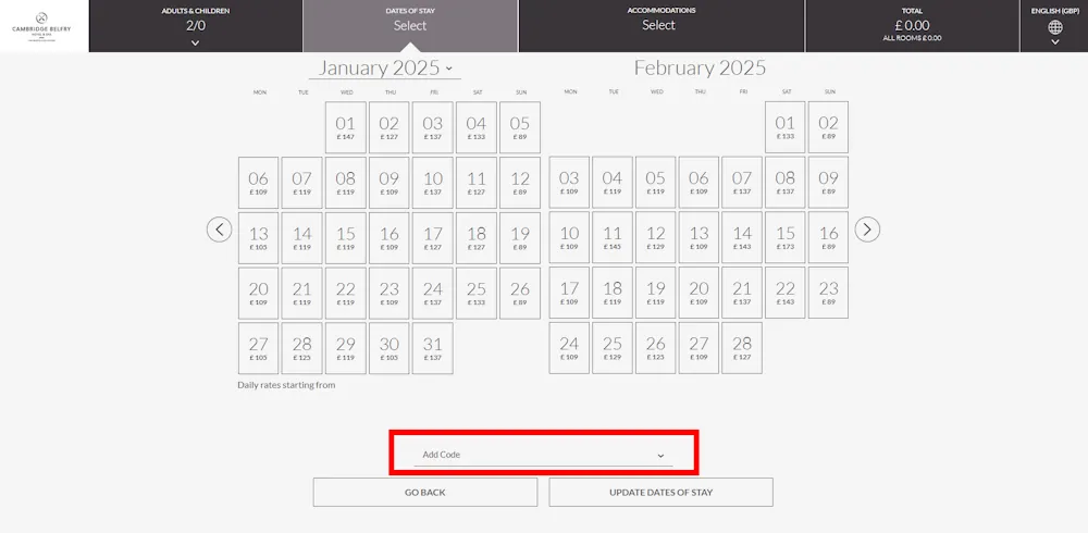 Screenshot showing where to apply a QHotels promo code during checkout on www.qhotels.co.uk.