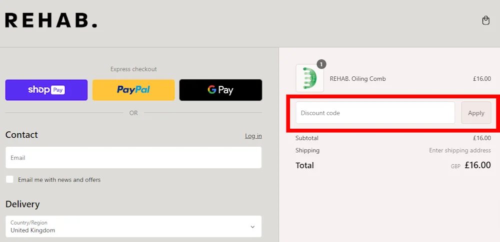 Screenshot image of how to enter our REHAB Your Hair voucher code at checkout on rehabyourhair.com