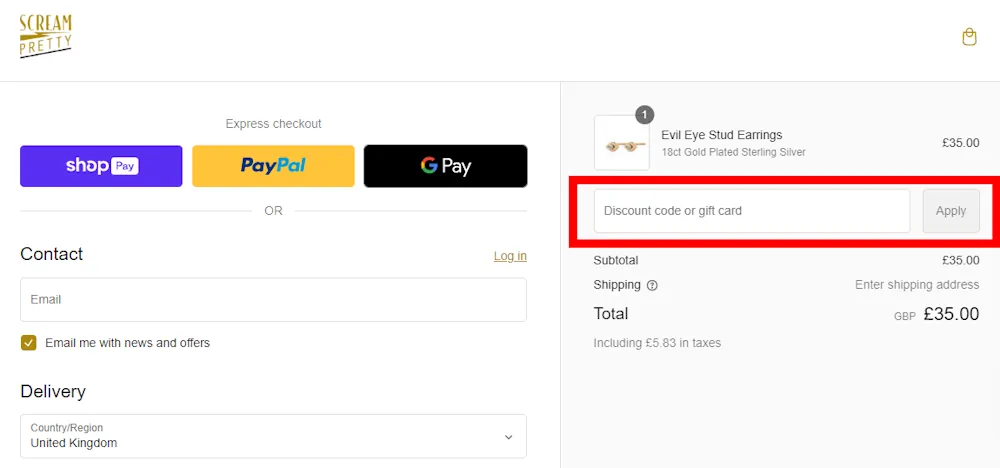 Instructions on how to enter our verified discount code for Scream Pretty on screampretty.com