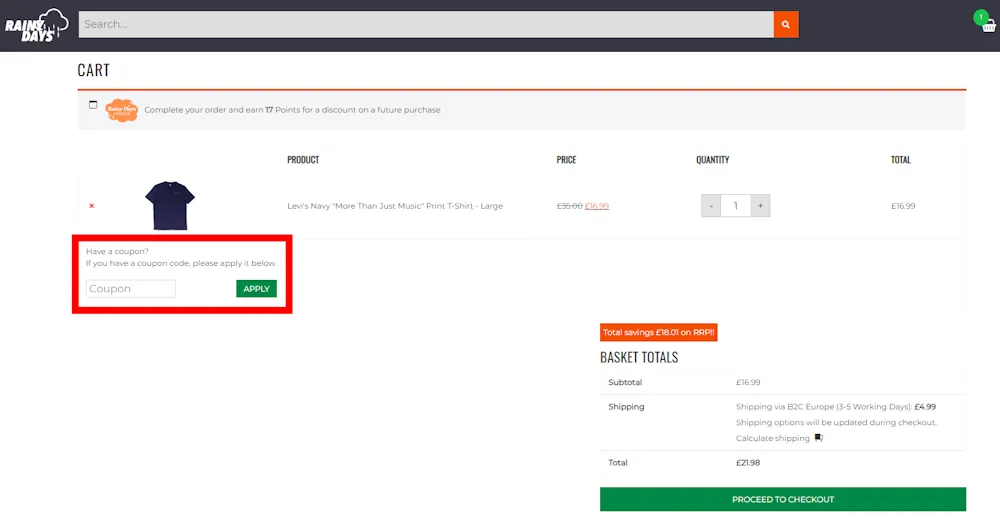 Screenshot showing where to apply a The Rainy Days code at checkout on therainydays.co.uk