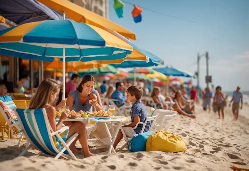 A family enjoys a picnic on a sandy beach, with colourful umbrellas and beach towels spread out. In the background, a vibrant boardwalk lined with shops and cafes