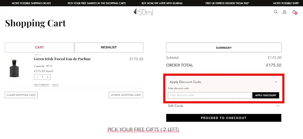 Instructions on how to enter a discount code for 50 ml on 50-ml.co.uk.