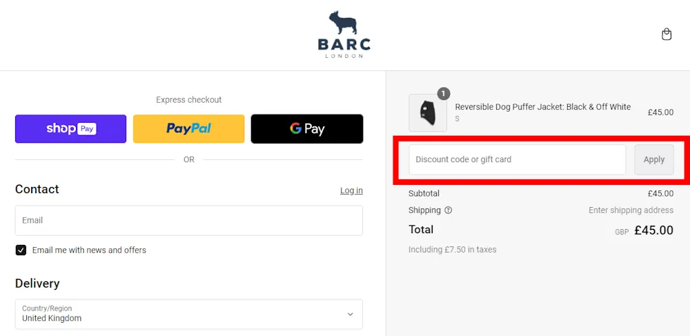 Screenshot showing where to apply a Barc London promo code at checkout on www.barclondon.com.
