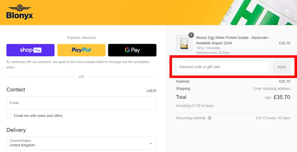 Screenshot how to enter a Blonyx discount code on blonyx.co.uk.