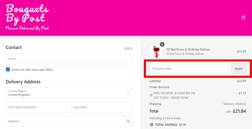 Screenshot showing where to apply a Bouquets By Post discount code during checkout on bouquetsbypost.com.