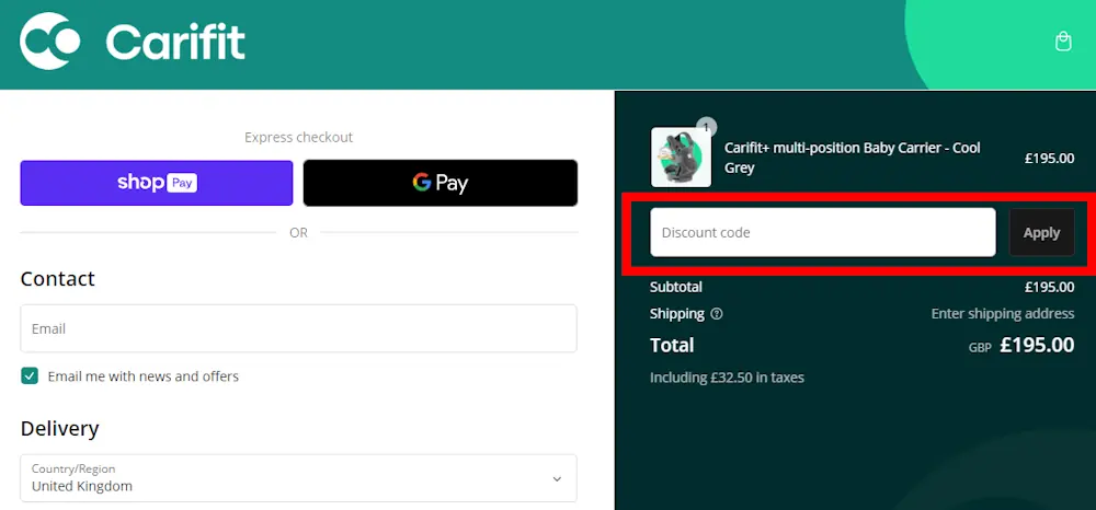 Screenshot showing where to apply a Carifit discount code during checkout on getcarifit.com.
