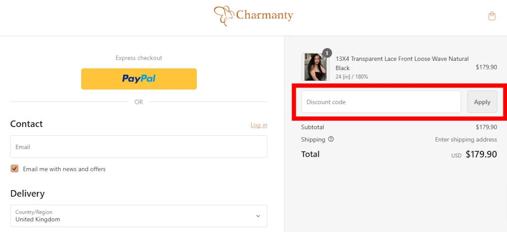 Screenshot showing where to apply a Charmanty Hair discount code during checkout on charmantyhair.com.