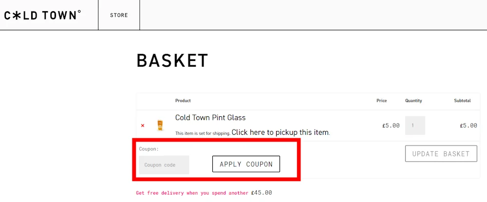 Screenshot showing where to apply a Cold Town Beer discount code during checkout on coldtownbeer.com.