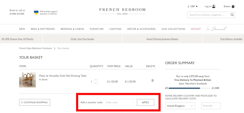Screenshot showing where to apply a French Bedroom discount code during checkout on frenchbedroom.co.uk.