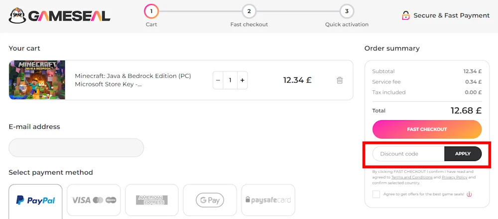 Screenshot showing where to apply a GameSeal discount code during checkout on gameseal.com.