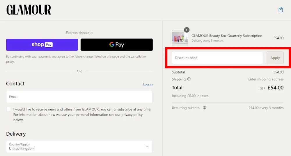 Screenshot showing where to apply a Glamour Beauty Box discount code during checkout on shopglamour.co.uk.