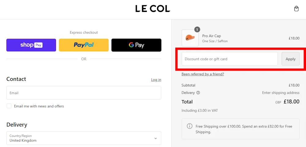 Screenshot of where to enter a Le Col voucher code on lecol.cc