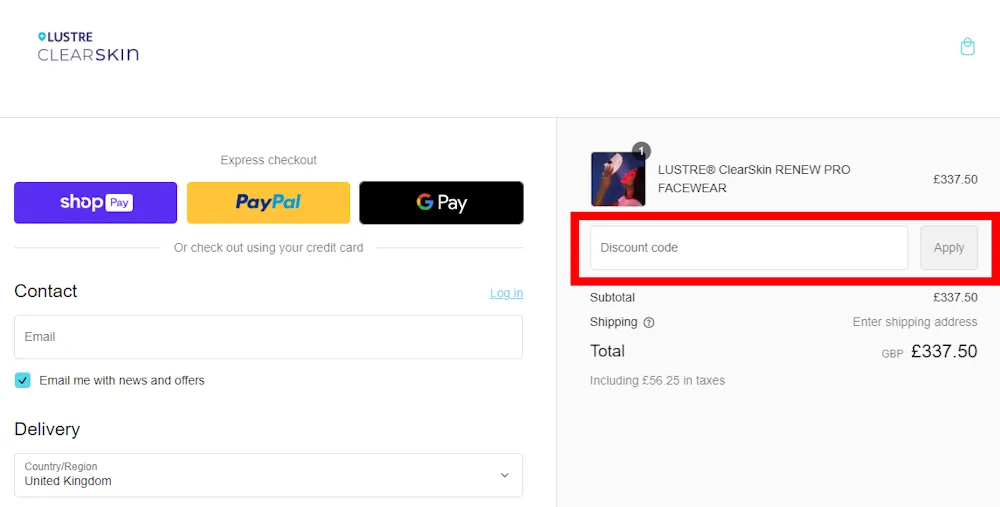 Screenshot of where to use a Lustre ClearSkin voucher code on lustreclearskin.com.