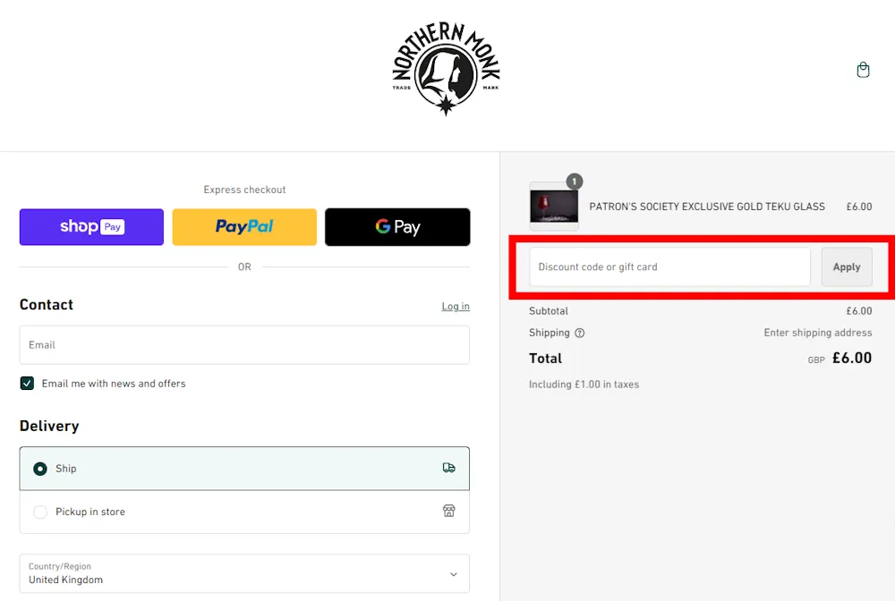 Screenshot showing where to apply a Northern Monk discount code during checkout on northernmonk.com.