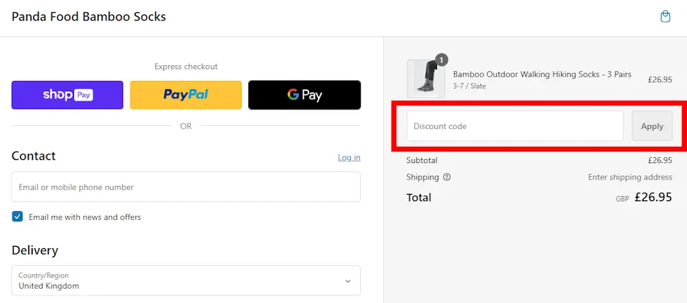 Screenshot showing where to apply a Panda Food discount code during checkout on pandafood.co.uk.