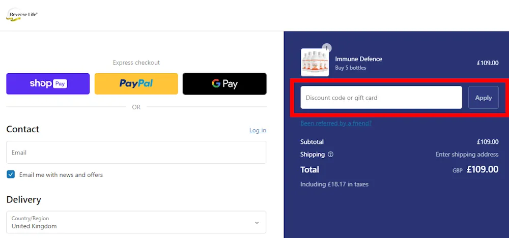 Screenshot of where to enter a Reverse Life voucher code on reverselife.co.uk