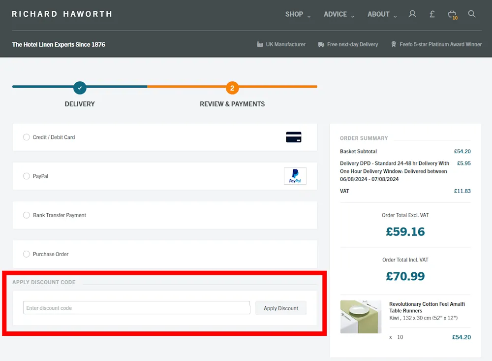 Screenshot showing where to apply a Richard Haworth code at checkout on www.richardhaworth.co.uk