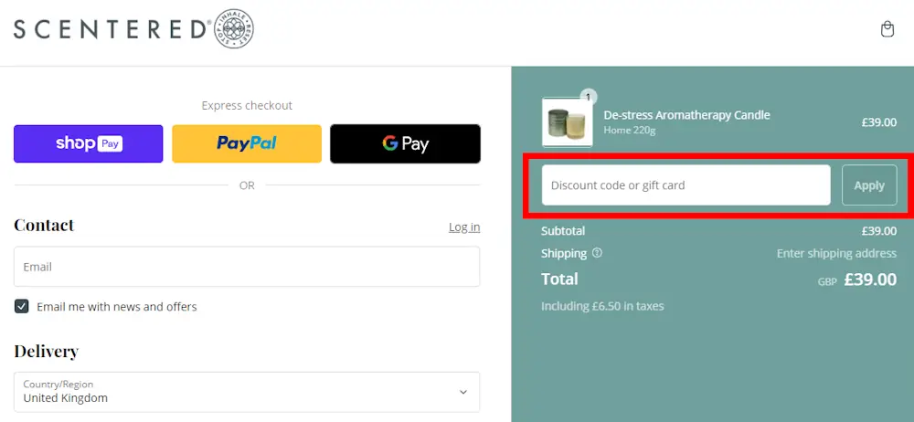 Instructions how to enter a discount code for Scentered on www.scentered.me