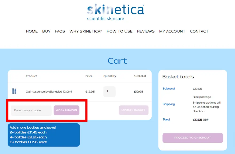 Screenshot of where to enter a Skinetica discount code on skinetica.co.uk.