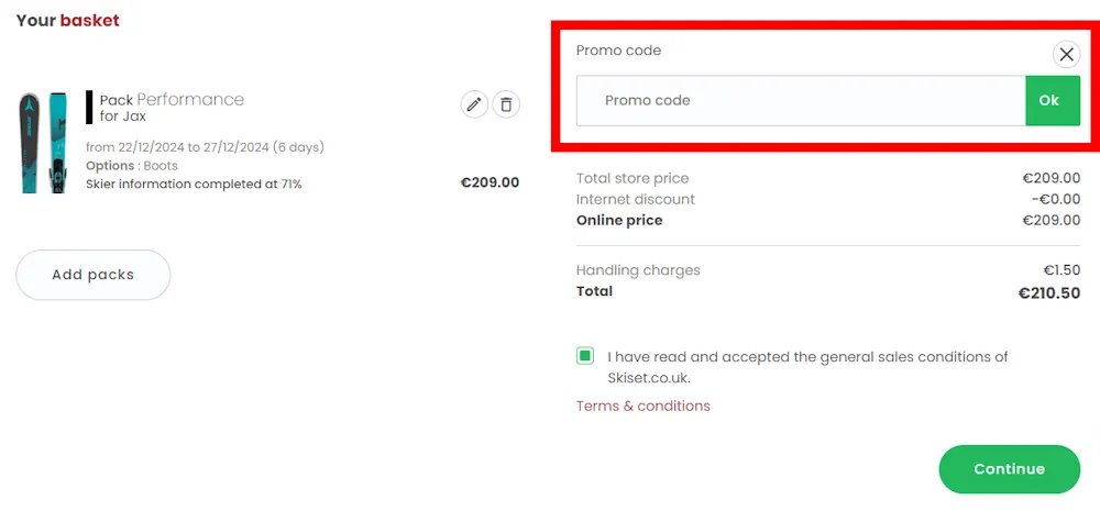 Screenshot on how to enter a working Skiset voucher code at checkout on www.skiset.co.uk